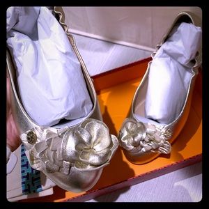 Tory Burch Spark Gold Blossom Ballet Flats NEW 6.5